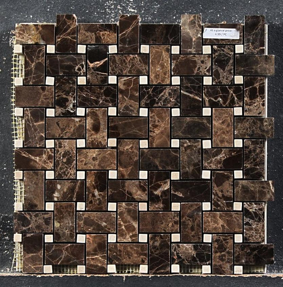 Emperador Dark Marble Tile - 12x12 Polished Basket Weave Mosaic