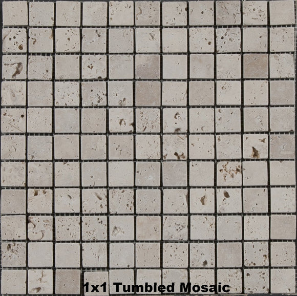 Parthenon Cream Travertine Tile 1x1 Tumbled Mosaic